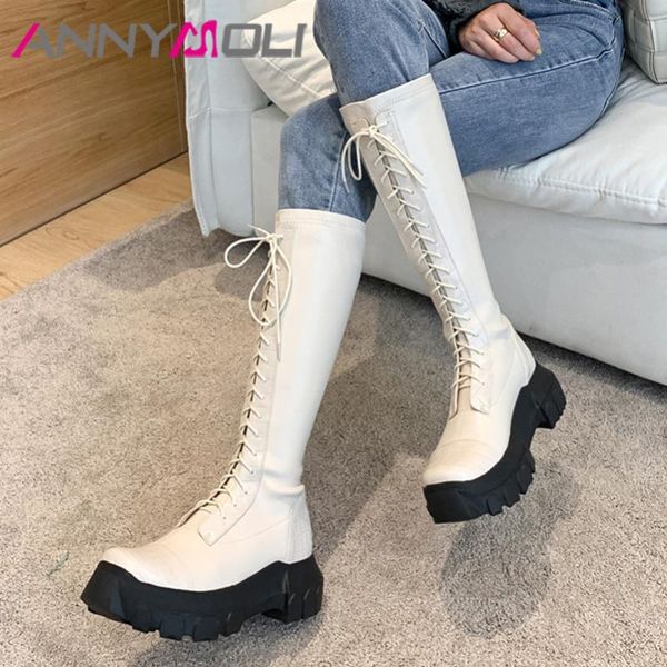 

boots annymoli genuine leather platform block high heel lady women knee shoes round toe slim long ladies beige, Black