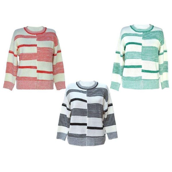 

women autumn long sleeve o-neck sweater geometric stripes irregular patchwork loose knitted pullover jumper, White;black