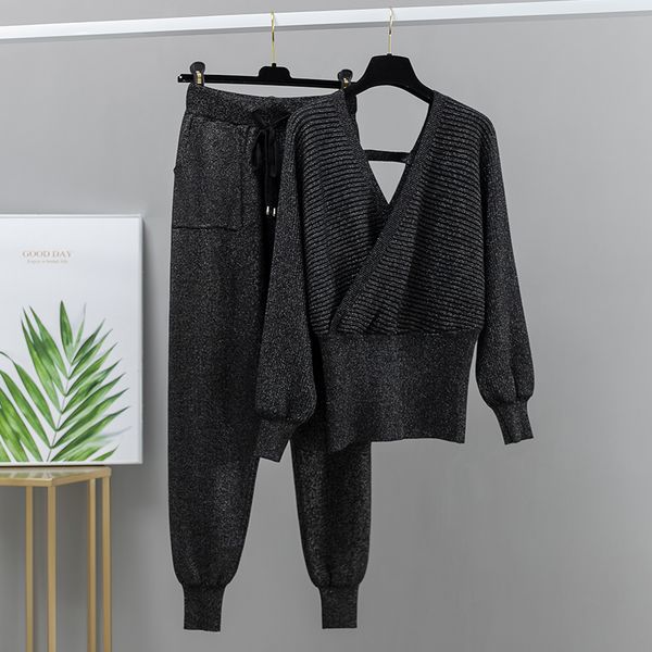 

2021 new bling 2 piece tracksuits women harrem pants + double v neck pullover sweater set autumn winter knitted clothing h3ha, White