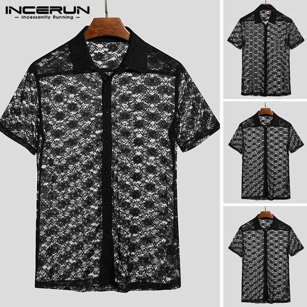 

incerun men mesh shirts short sleeve lapel shirts black lace see through blouse man summer fitness party nightclub camisa1, White;black