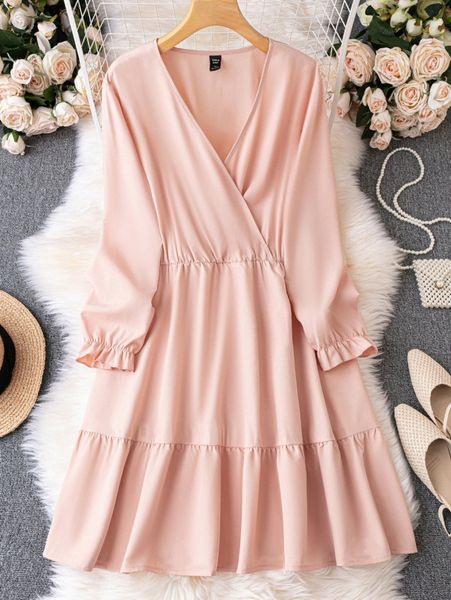 

plus surplice neck flounce sleeve ruffle hem dress b4d2#, Black