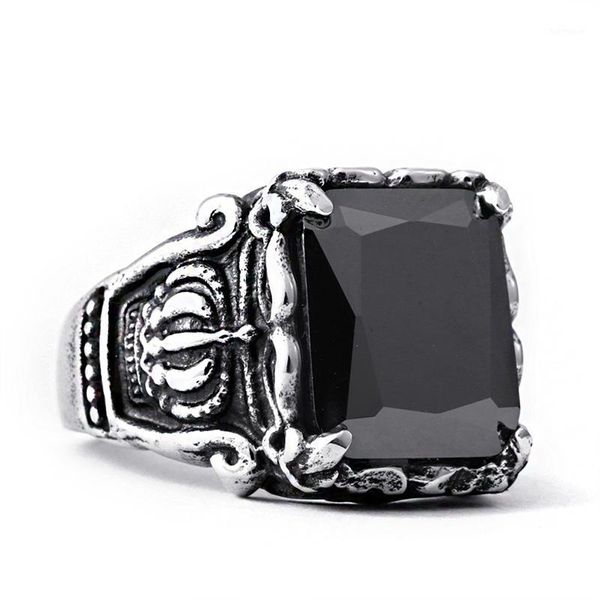 

vintage punk style cz cubic zirconia stone ring titanium steel square crown ring antique rings party jewelry gift1, Golden;silver