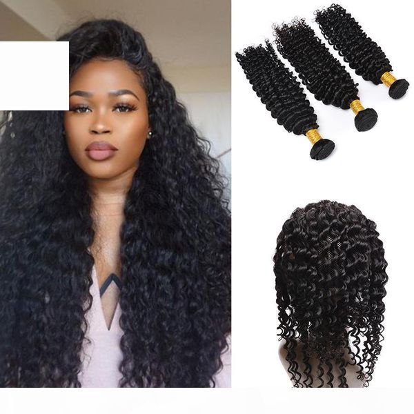 

22.5*4*2 pre plucked 360 lace frontal with deep wave hair 3 bundles brazilian virgin hair extension with 360 frontal closure ing, Black;brown