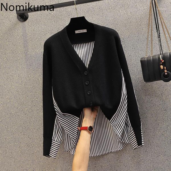 

nomikuma 2020 plus size knitted cardigan korean striped patchwork causal sweater coat long sleeve v-neck knitwear jacket 6d4051, White
