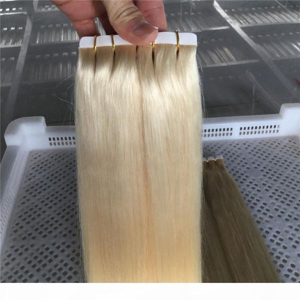 

pu tape in human hair extensions skin weft seamless hair extensions 40pcs 100g set 14"-26" color#60 platinum blonde tape in hair e, Black