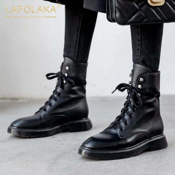 

lapolaka new fashion genuine cow leather ankle boots woman shoes chunky heels lace up autumn winter boots, Black