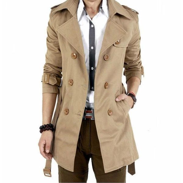 

men's windbreaker jacket vintage black khaki spring autumn smart business coat male double breasted retro classic long coat men, Tan;black