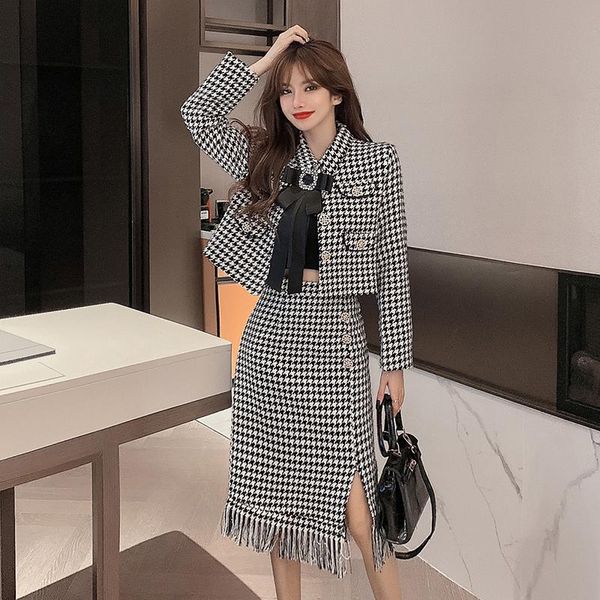 

women's tracksuits long sleeve styles formal women business suits with tassel split skirt ladies short jackets coat woolen two piece su, Gray