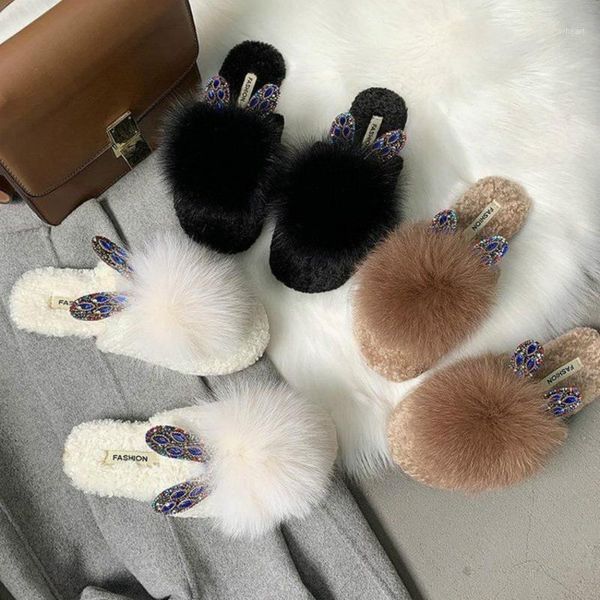 

slippers winter women house cute faux fur fashion warm shoes woman slip on flats female slides home furry slipper plush slippers1, Black