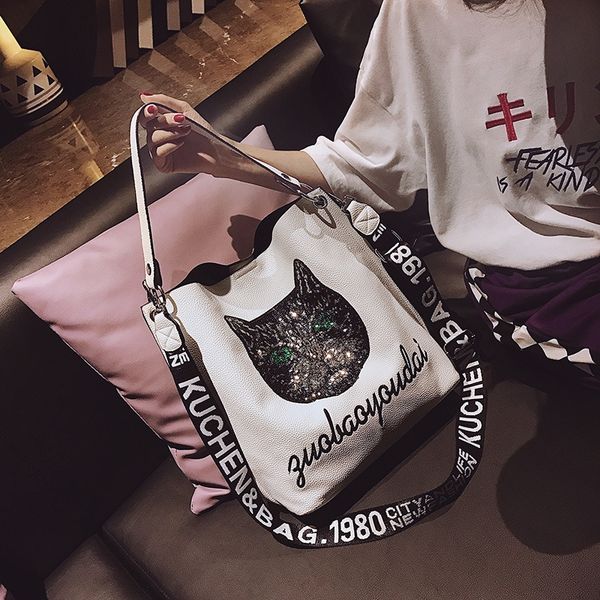 

women's mother and child 2020 new sequined cat head personalized large capacity litchi bagshoulder shoulder bagpattern messenger bag ha