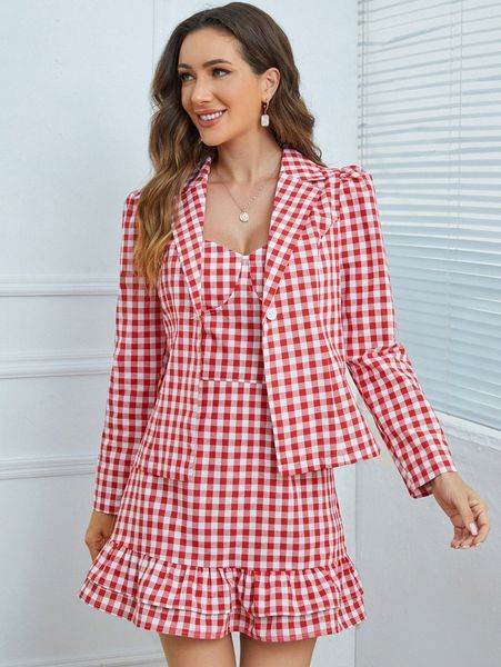 

gingham print ruffle hem dress & blazer q3hu#, White
