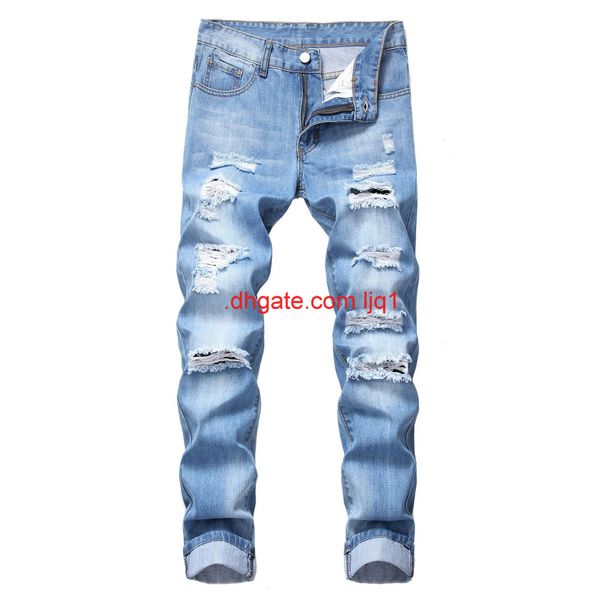 

new men's pierced straight fit no bullet casual jeans pants large, Blue