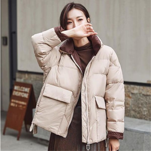 

women white duck down jacket winter stand collar loose down coat female warm short snow outwear, Black