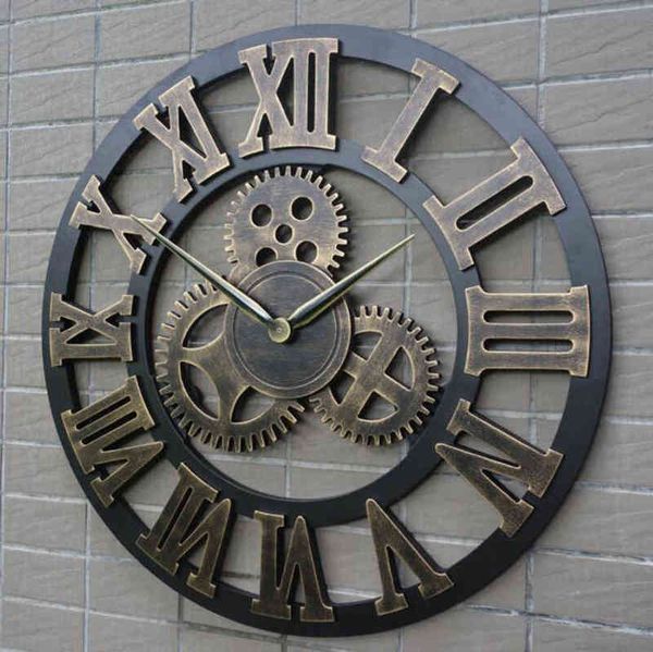 Orologio in legno Retro Vintage Retro Industrial Gear Orologi da parete per soggiorno Ristorante dell'hotel Decorazione Wall Art Home Decor H1230