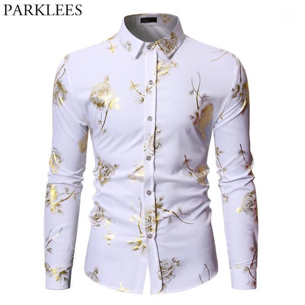 

mens gold rose floral print shirts 2020 brand floral steampunk chemise white long sleeve wedding party bronzing camisa masculina1, White;black