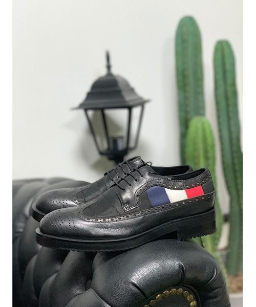 

fashion pointed toe carved brogue shoes genuine leather formal wedding shoes oxford casual handmade lace up men, Black