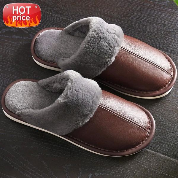 

men's slippers winter genuine leather slippers for men warm plush large size 45-46 home comfy house shoes #mv4g