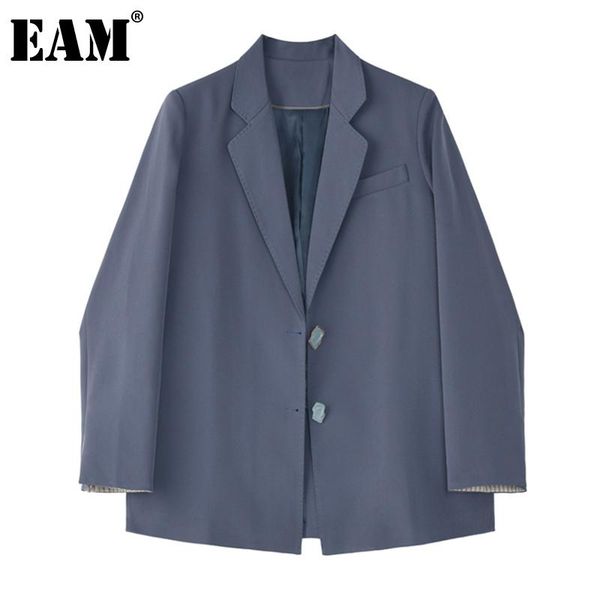 

eam] women blue brief button temperament blazer new lapel long sleeve loose fit jacket fashion tide spring autumn 2021 1z741, White;black