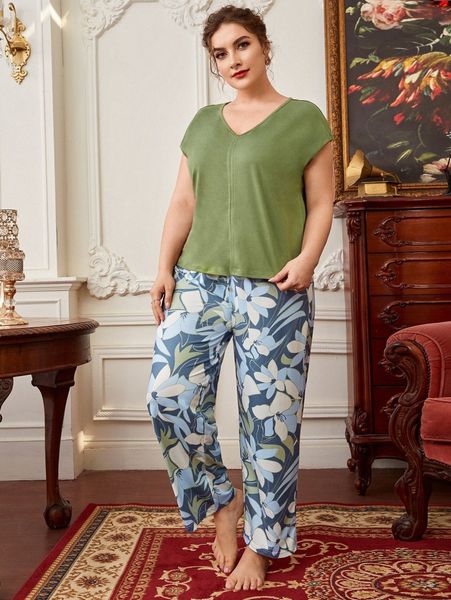 

plus floral print pj set s3be#, Black;white