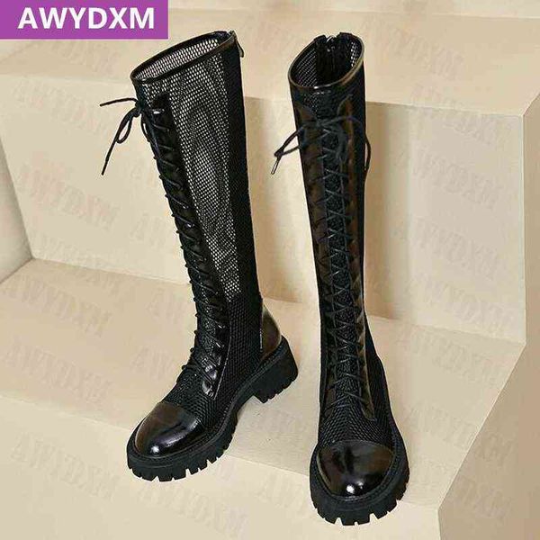 

sandels summer knee high women cool boots sandals mesh thick platform casual shoes chunky gladiator motorcycle 220303, Black