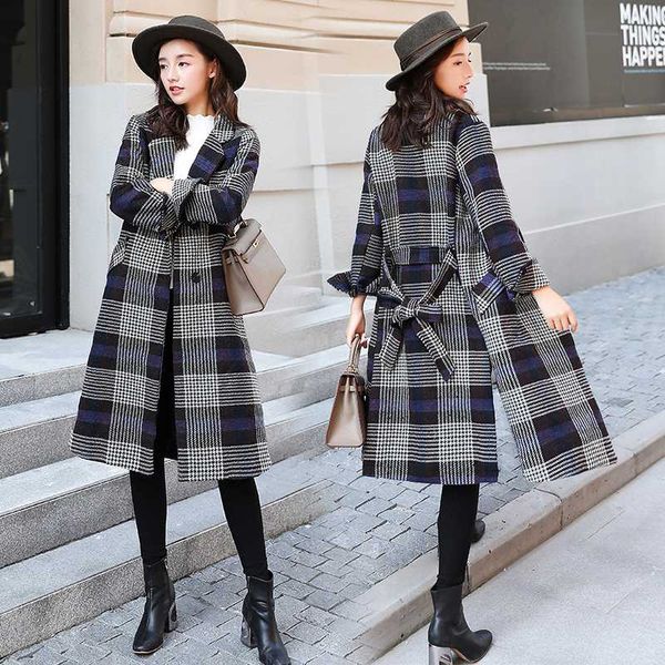 

2020 new casual loose plaid trench coat female long section korean autumn winter women's woolen coats, Tan;black