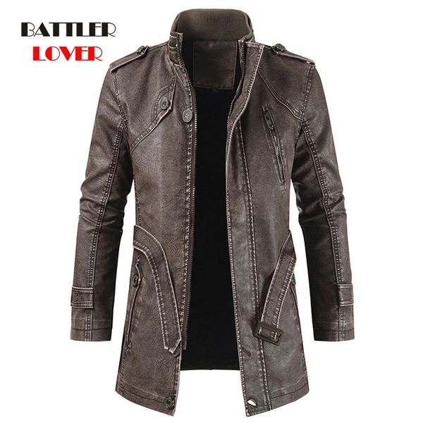 

men winter thick fleece leather jacket coat long outwear fashion warm casual vintage clothing for male steampunk biker jacket 201119, Black