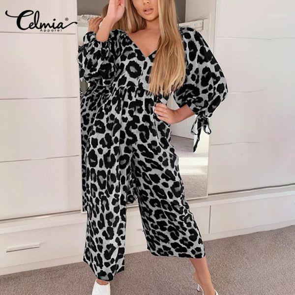 

vintage jumpsuits women celmia 2020 leopard print rompers high waist long sleeve v-neck party playsuits casual loose long pants1, Black;white
