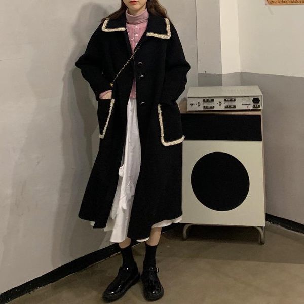 

women's wool & blends sobretudo abrigo mujer autumn and winter 2021 korean style mid-length over-the-knee long-sleeved coat, Black