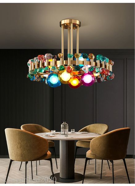 Lampadario moderno con cristalli colorati appena arrivati per la decorazione della casa del soggiorno Lampada a sospensione rotonda dorata per apparecchi da cucina