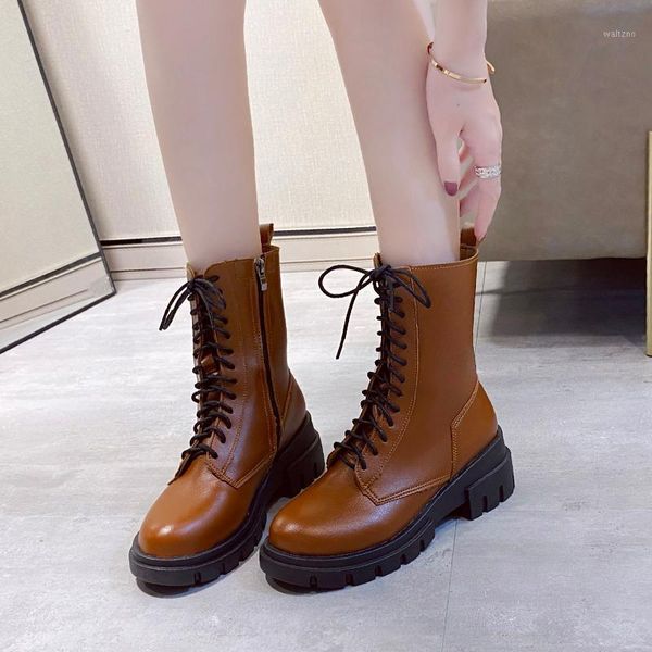 

2021 new women's high mid-calf warm women's boots winter wedges round toe lace-up platform motorcycle boots quality leather1, Black