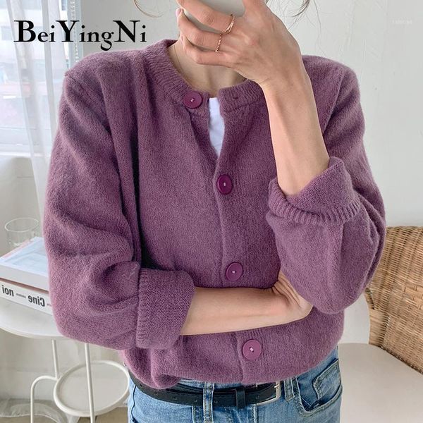 

beiyingni purple sweaters for women solid color autumn winter coats woman warm knitwear jumper female cardigans buttons sweater1, White