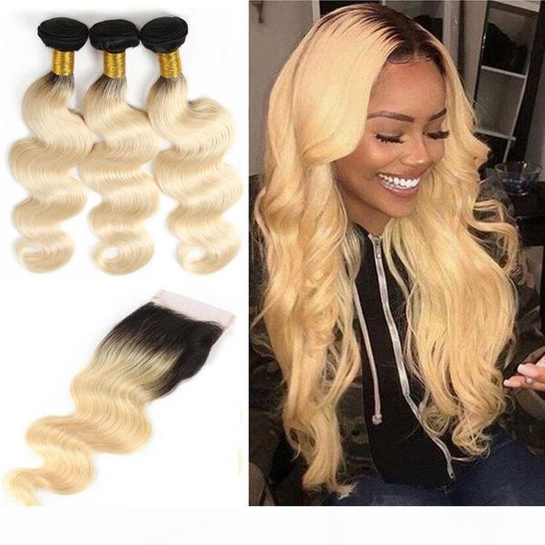 

indian raw virgin hair body wave 1b 613 blonde two tones bundles with 4x4 lace closure with baby hair wefts with closures 4pieces lot, Black;brown