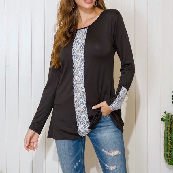 

2020 fashion women's long sleeve laceround neck large size t-shirt 2020 fashion women's long sleeve lace lacelace laceround neck l, White