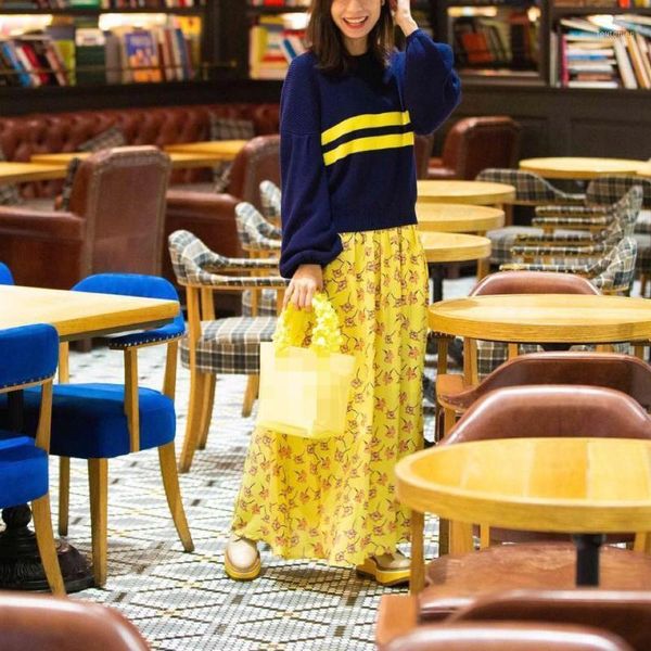 

women skirt lemon yellow flower print skirt1, Black