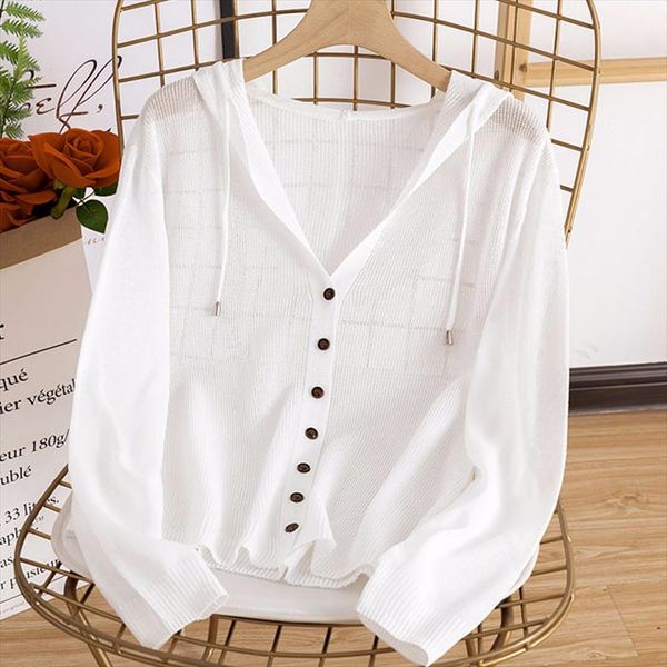 

hooded long sleeve knitted cardigan women 2020 spring and summer white ice silk sweater v neck thin sun protection clothing, White;black