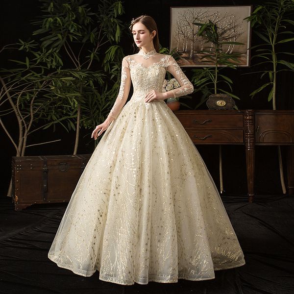 Abito da sposa 2022 nuovo stile stellato francese retrò a maniche lunghe collare di stand-up Hepburn Bride Bruffy Filati