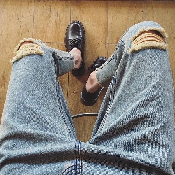

new 2020 fashion original design casual blue washing vintage man cowboy hip hop students knee ripped hole jeans pencil pants men