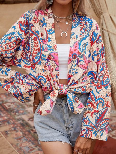 

plant & paisley print kimono v8vt#, White;black