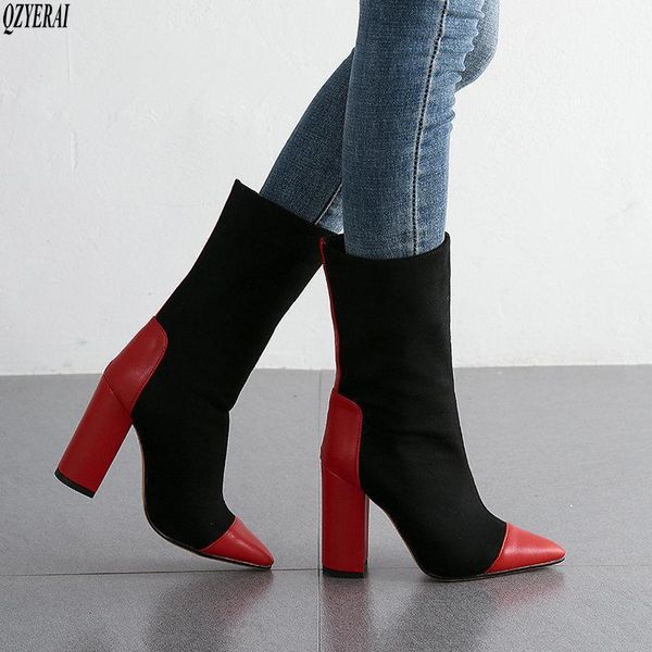 

boots autumn winter mid-calf women flats heels warm plush leather knee high1, Black