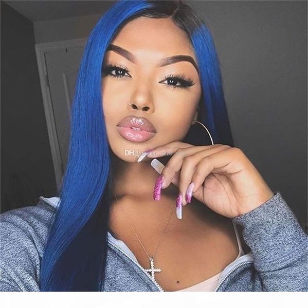 

silky straight ombre full lace wigs glueless two tone 1btblue lace front human hair wigs for women with natural hairline blue hair, Black;brown