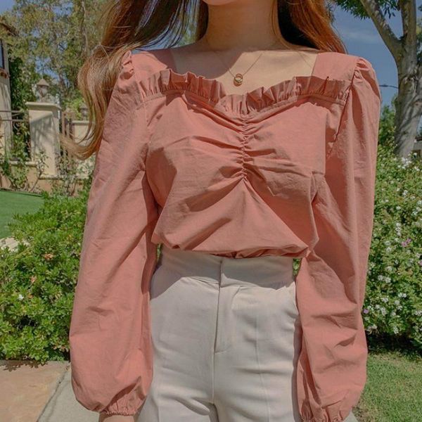 

women's blouses & shirts women square collar solid long sleeve casual ruffle patchwork students sweet ladies streetwear ins ulzzang, White