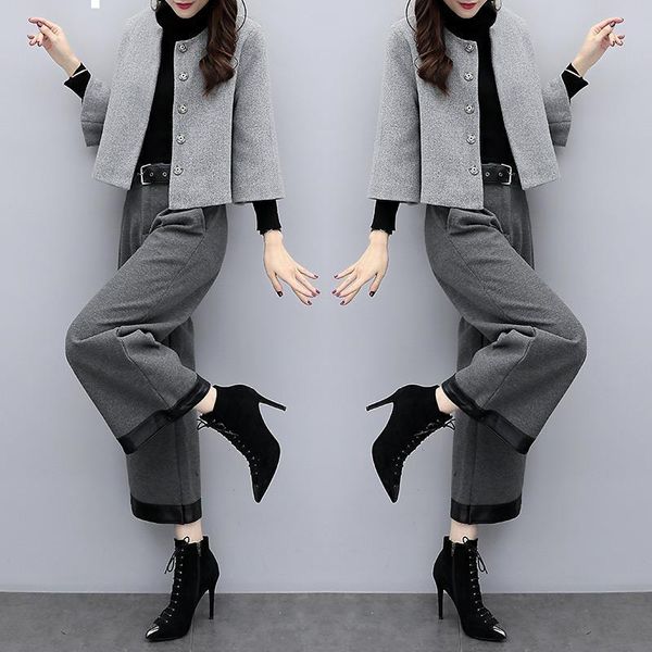

2021 new high long women's suits two pieces ladies work loose wool autumn clothes -3xl y485 aq4y, Gray