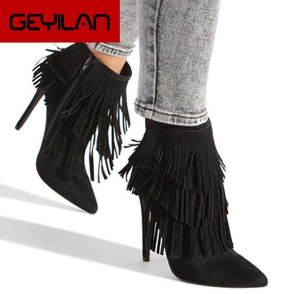 

boots flock fringe women's autumn winter botas mujer large size shoes zipper versatile high thin heels ankle for women, Black