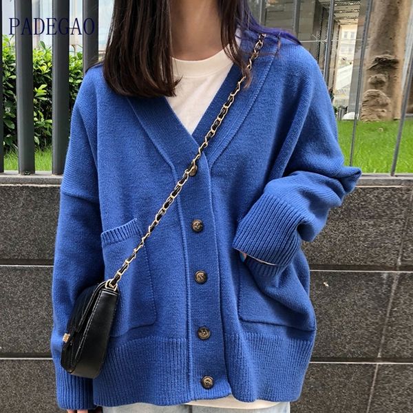 

women cardigans blue sweater v neck jacket pocket soft coat red pink green solid color knitted loose designer single breasted y200915, White;black