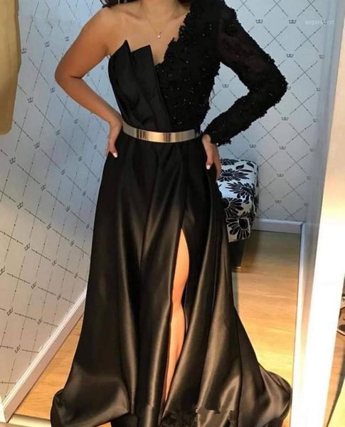 

dubai one shoulder black satin evening dress with slit one sleeve lace beaded arabic prom dresses formal party gowns 2020 custom1, White;black