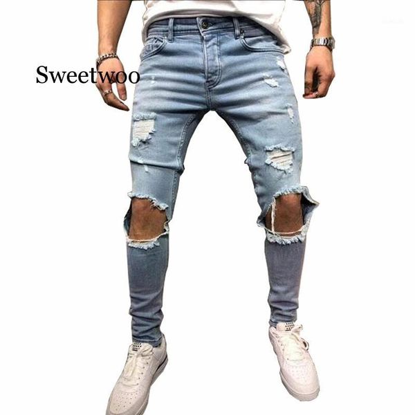 

fashion streetwear men's jeans vintage blue gray color skinny destroyed ripped jeans broken punk pants homme hip hop men1