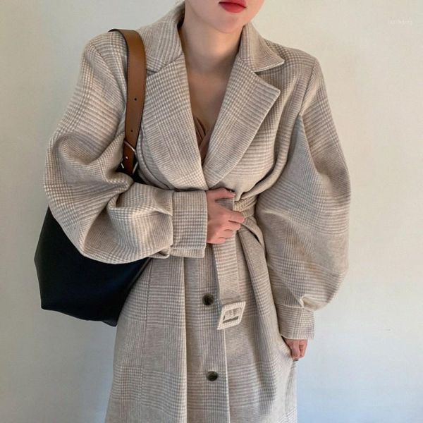 

2020 winter plaid woolen coat women turn down collar lantern sleeve single breasted ladies overcoat elegant casual outerwear1, Black