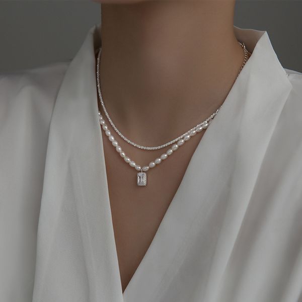 

925 silver pearl square zircon necklace friend kolye vintage boho bijoux femme collier collane necklace women jewelry q0531