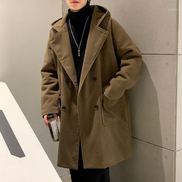 

hooded woolen coat men's fashion solid color casual long coat men overcoat loose korean style oversiz woolen jacket mens m-2xl1, Black