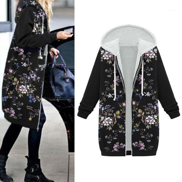 

women warm hoodie floral print zipper plush pockets cardigan coat long outerwear cotton blend cardigan coat long outerwear#t21, Black;brown